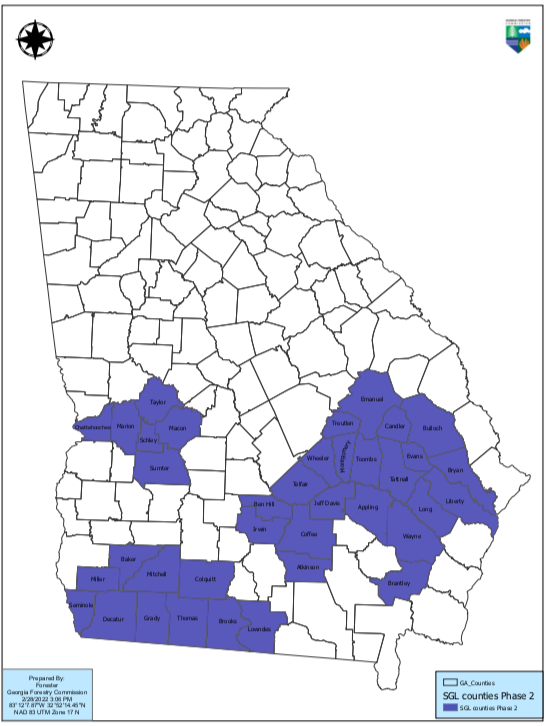 Map of Georgia showing 37 counties in the south where planting will take place. 