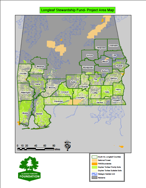 Map of Alabama that shows the counties where trees are being planted in southern AL. 
