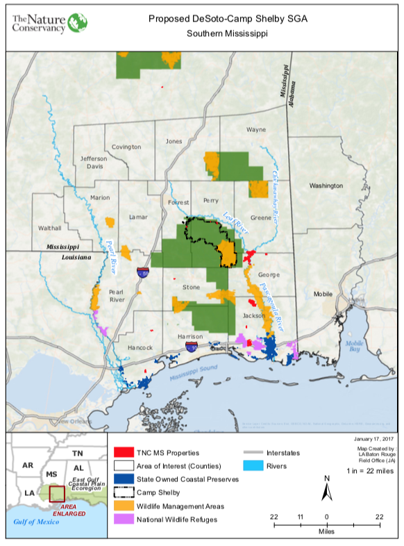 Map of Mississippi showing where planting locations are around the south of the state. 