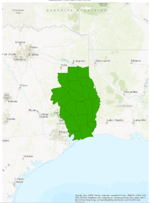 Map showing areas in southeast Texas where the planting takes place