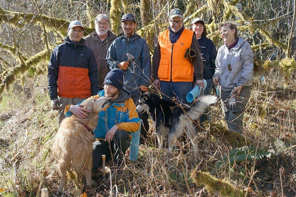 group of people and a dog in the woods