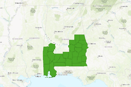 Map showing southern AL counties highlighted. 